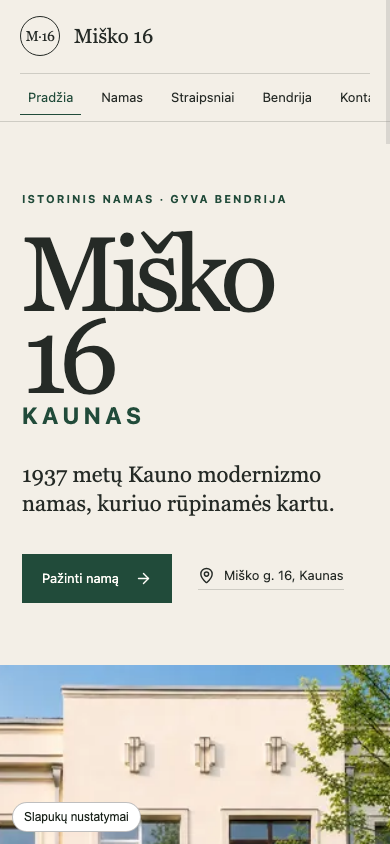 Miško 16 svetainės mobilus pradinis ekranas, užfiksuotas 2026-09-24